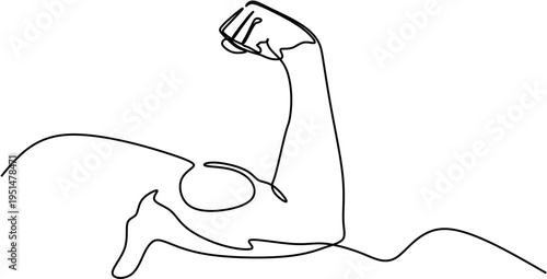 Strong bicep flexing arm in continuous line art style, minimalist vector illustration of power and strength