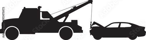 Black silhouette tow truck towing damaged car vehicle