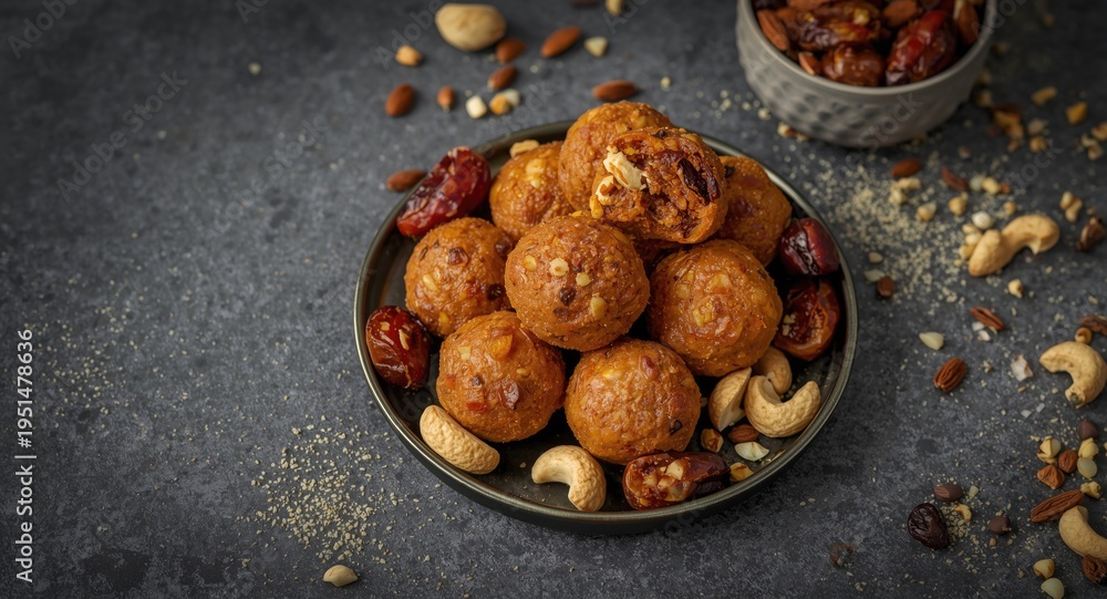 Fototapeta premium Indian laddu dessert featuring dried nuts and fruits like dates raisins almonds cashews with copy space