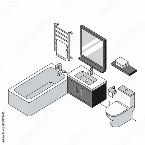 Isometric Bathroom Furniture and Fixtures Set.