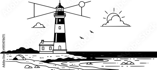 Minimalist lighthouse illustration with coastal scene
