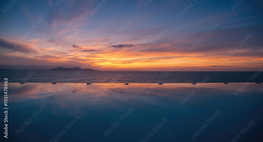 Obraz premium peaceful pool in front of a vibrant sky horizon