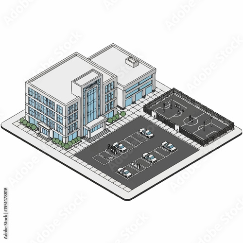 Isometric view of a modern office building complex with parking lot and sports court.