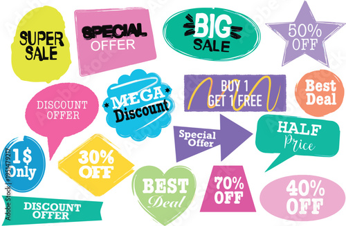 Colorful Promotional Sale Labels. Discount Tags, special offer stickers, super sale badges, price cut signs for retail marketing and advertising design