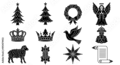 A Comprehensive Collection of Black and White Christmas and Religious Vector Icons