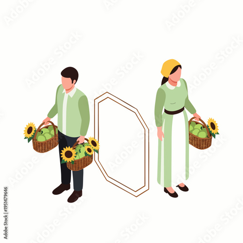 Isometric illustration: Man and woman in traditional farm attire, carrying baskets of green apples and sunflowers, depicting a prosperous harvest.