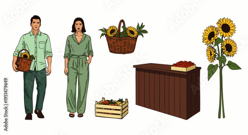 Autumn harvest vector illustration set featuring a man and woman, vibrant sunflowers, fresh garden produce, and rustic wooden storage elements.