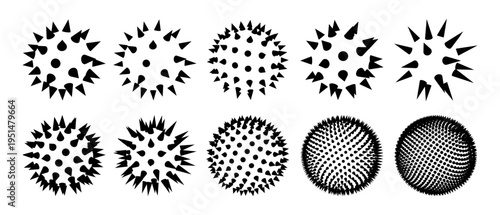 Abstract 3D spike sphere with sharp thorns. Geometric spiky ball, radial pattern and brutal futuristic form. Vector set
