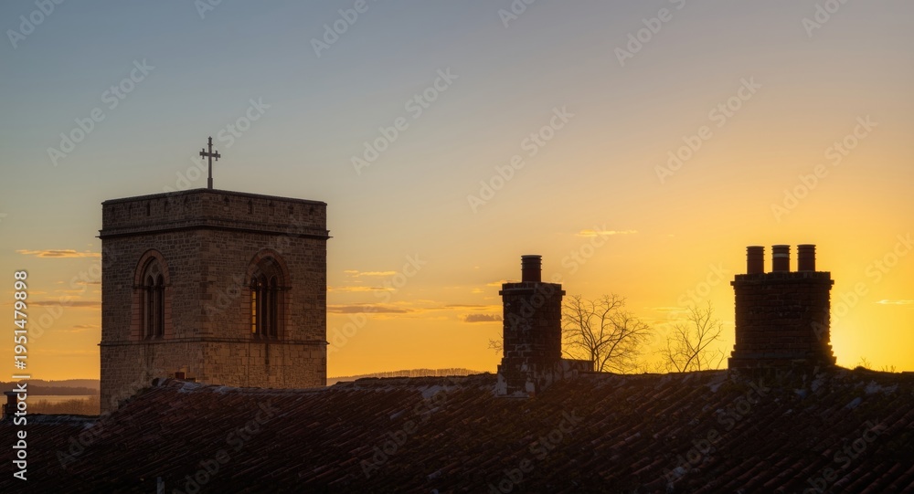 Obraz premium Rustic church tower and chimney tops set before a golden hour sky
