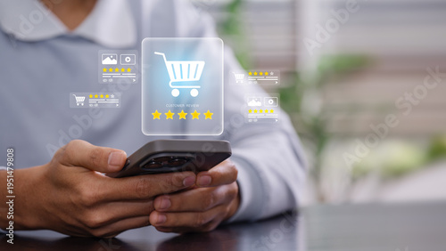 Ecommerce customer review and five star rating concept showing online shopper using smartphone to give feedback about product and service quality representing trust satisfaction brand reputation
