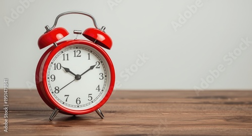 Classic red alarm clock on a wooden table surface