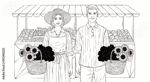 Happy couple of farmers or vendors at a local market stall, proudly holding baskets of sunflowers. Black and white line art illustration.