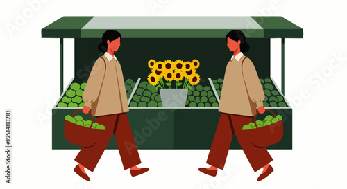 Two women carrying baskets of fresh green produce walk past a vibrant market stall filled with fruits and sunflowers, depicting local shopping.