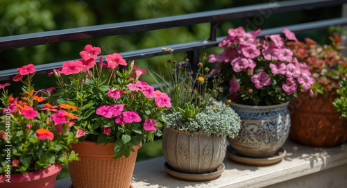 Wallpaper Mural Colorful Purslane flowers blooming vibrantly on a sunny balcony with diverse succulent arrangements in decorative pots Torontodigital.ca
