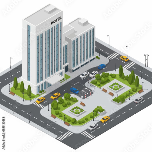 Isometric city block with hotel building and surrounding urban infrastructure.
