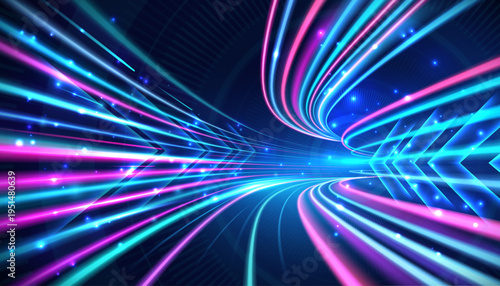 Abstract Neon Light Trails with Directional Arrows Background Realistic Illustration