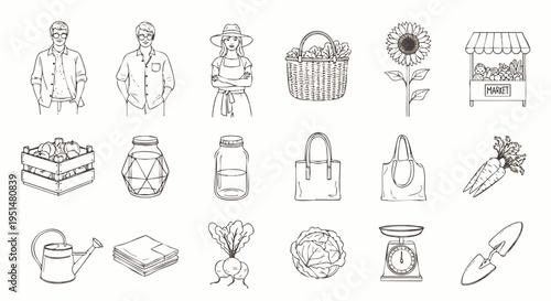 Set of hand-drawn line art icons representing farm life, organic produce, gardening tools, and farmers market elements. Perfect for agricultural designs.