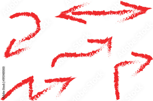Set of hand-drawn red textured arrows in a rough, brush-stroke style. These decorative design elements feature distressed, jagged edges and various shapes