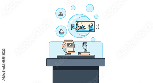 Illustration of a museum display case with artifacts, representing history and cultural heritage, with bubbles showing digital content