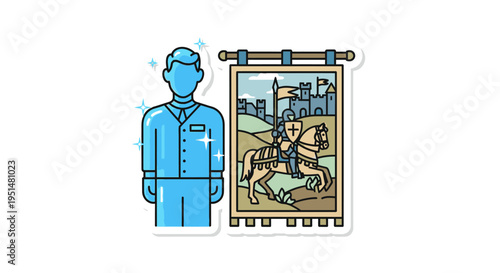 Modern businessman standing next to a medieval knight banner with castle on white background, vector illustration