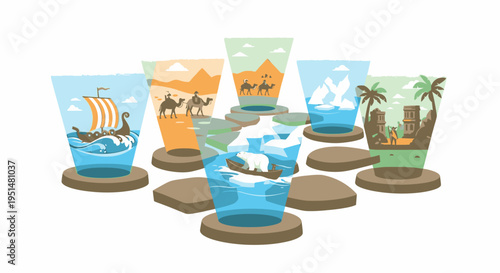 Diverse landscapes and cultures depicted in glasses of water, representing travel and exploration