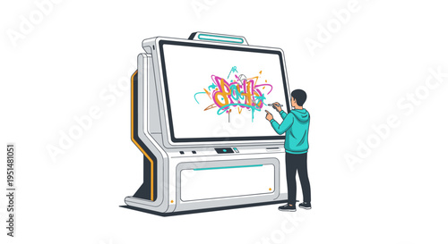 Man using a futuristic interactive digital whiteboard to draw colorful graffiti art, modern technology concept