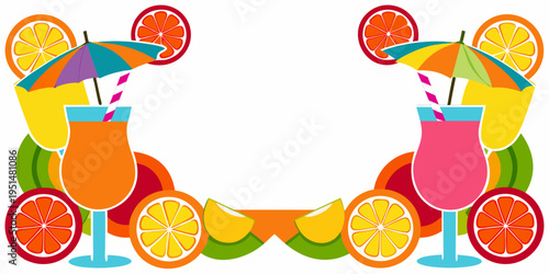 Tropical summer cocktails with citrus fruit and umbrellas, vector