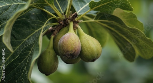 Fresh figs hanging on a leafy fig tree branch