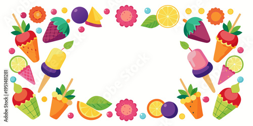 Colorful ice cream and fruit border frame, vector