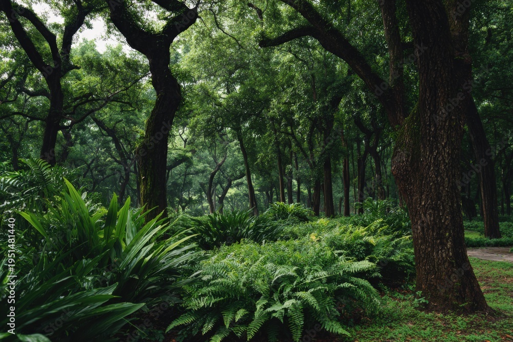 Fototapeta premium Dense oak forest with ferns and understory plants beneath a towering leafy canopy forming a cool shaded green refuge