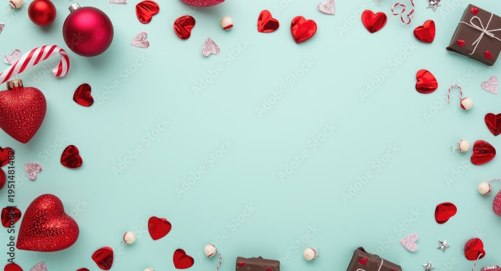 Obraz premium Mint background decorated with Valentines themed red and chocolate brown ornaments including copy space