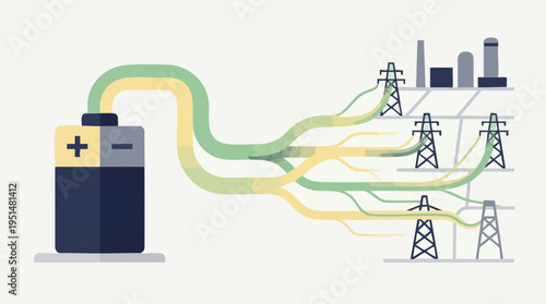 Battery Discharging Power to Electrical Grid, Renewable Energy Transfer, Smart Energy Storage System Illustration