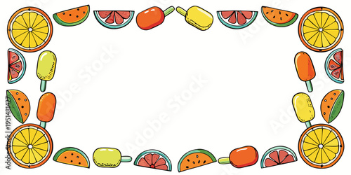 Summer fruit and popsicle border design, vector