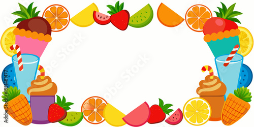Colorful summer fruit and sweet drink border, vector