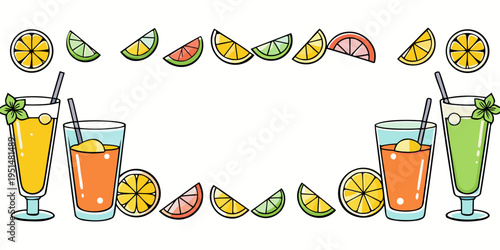 Summer fruit cocktails and citrus slices border frame, vector