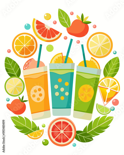 Colorful summer fruit smoothies and citrus slices illustration, vector