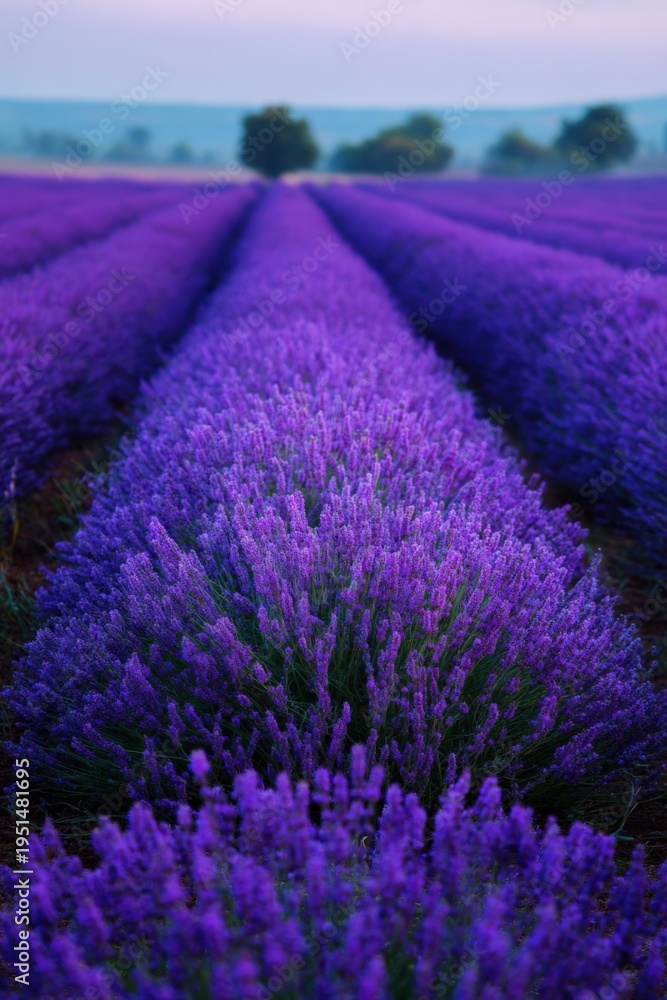 Fototapeta premium Lavender farm rows leading perspective endless purple carpet morning mist distant trees tranquil rural panorama