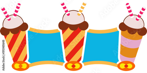 Three colorful cartoon milkshakes with blue banners, vector