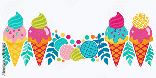 Colorful tropical ice cream cones illustration, vector