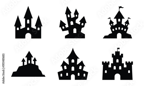 Set of black silhouette haunted castles and mansions for halloween design with haunted house with castle silhouette