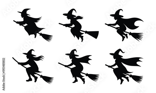 Witches silhouettes flying on brooms for halloween themed designs with witch silhouette with black and white