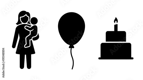 Birthday celebration icons mother, balloon, and cake
