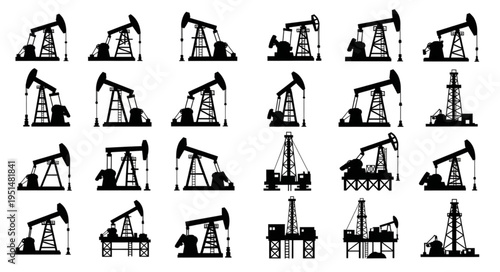 Silhouetted Oil Rigs - A Collection of Industrial Energy Extraction.
