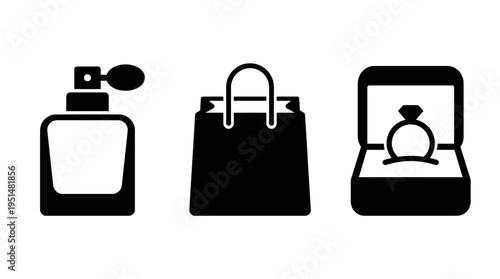 Set of three minimalist perfume, shopping bag, ring icons