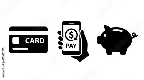 Financial Icons Credit Card, Mobile Payment, Piggy Bank