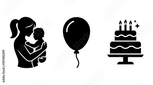 Mother holding baby, balloon and birthday cake icons