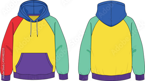 Color-block hoodie CAD drawing flat vector illustration, multi-color sweatshirt template, pullover with hood, front and back view, fashion design element.