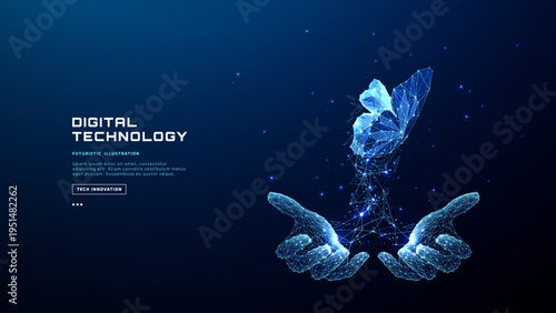 Digital butterfly emerges from open hands in low-poly wireframe style. Digital transformation concept with glowing holographic effect and futuristic neon accents. AI innovation. Vector illustration

