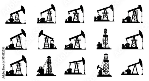 Silhouetted Oil Pumpjacks and Derricks - A Collection of Industrial Icons.