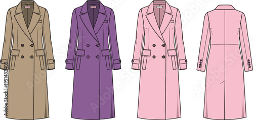 Double-breasted trench coat CAD drawing flat vector illustration, stylish long outerwear design template, elegant fashion clothing, front and back view.